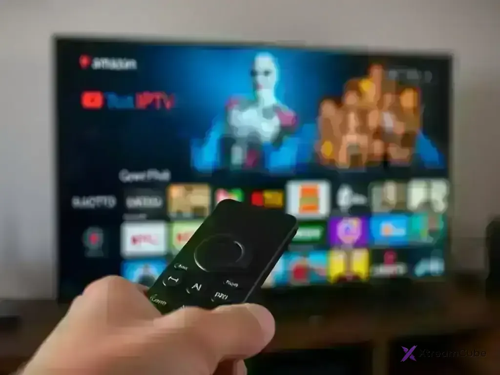 Amazon Fire TV remote control pointing to IPTV app interface